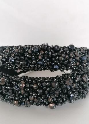 Черный широкий объемный высокий обруч ободок для волос с хрустальными бусинами...