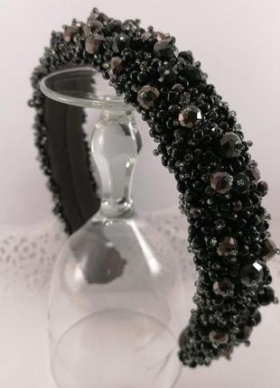 Черный широкий объемный высокий обруч ободок для волос с хрустальными бусинами...