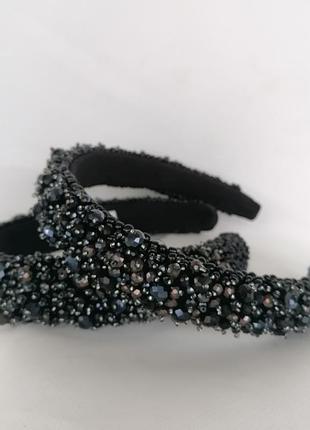 Черный широкий объемный высокий обруч ободок для волос с хрустальными бусинами...