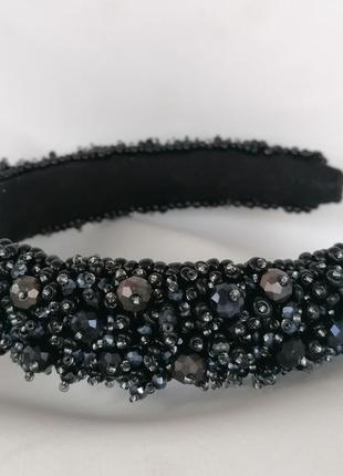 Черный широкий объемный высокий обруч ободок для волос с хрустальными бусинами...