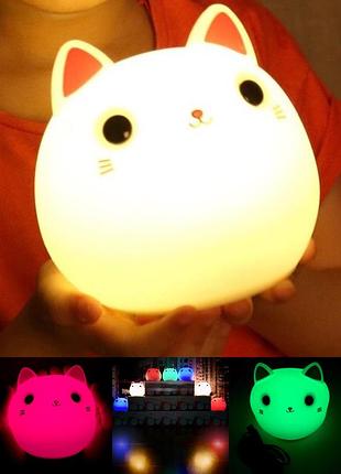 Світлодіодний нічник 125*115*115 мм силіконовий touch котик з різнобарвним світінням на акумуляторі