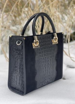 Замшевая черная сумка с принтом под крокодила, италия5 фото