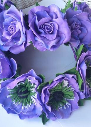 Обруч для волосся фіолетові троянди великі квіти з фоамирана5 фото