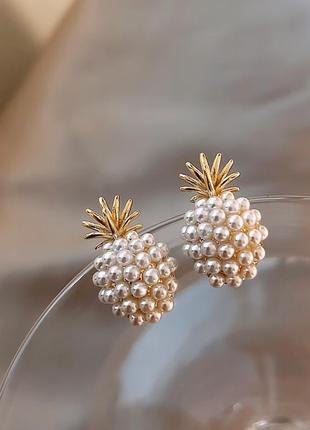 Сережки гвоздики пусети біжутерія жіночі "ананасик з перлинами a31d"5 фото
