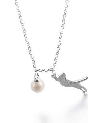 Подвеска кошка с жемчугом, цепочка с кулоном кот с шариком, серебряное покрытие 925...