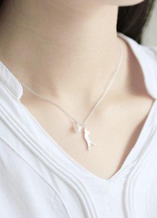 Подвеска кошка с жемчугом, цепочка с кулоном кот с шариком, серебряное покрытие 925...