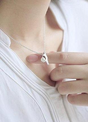 Подвеска кошка с жемчугом, цепочка с кулоном кот с шариком, серебряное покрытие 925...