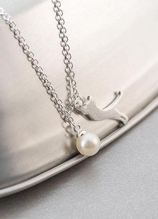 Подвеска кошка с жемчугом, цепочка с кулоном кот с шариком, серебряное покрытие 925...