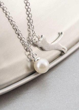 Подвеска кошка с жемчугом, цепочка с кулоном кот с шариком, серебряное покрытие 925...