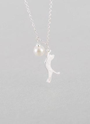 Подвеска кошка с жемчугом, цепочка с кулоном кот с шариком, серебряное покрытие 925...