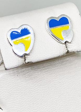 Сережки-пусеты серебряные с ювелирной эмалью "украина в сердце" 2,03 г3 фото