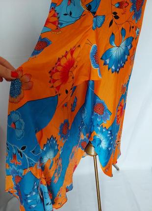 Яркое оранжевое платье миди в голубой цветочный принт на бретельках liquorish(размер 12)8 фото