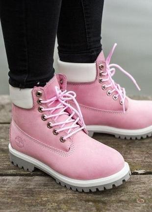 Женские ботинки timberland розовые с мехом1 фото