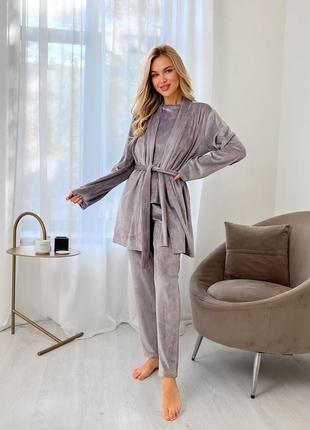 Тёплая зимняя велюровая плюшевая женская пижама домашний костюм тройка