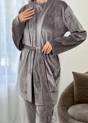 Тепла зимова велюрова плюшева жіноча піжама домашній костюм-трійка4 фото