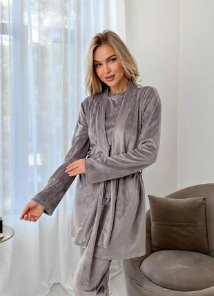 Тепла зимова велюрова плюшева жіноча піжама домашній костюм-трійка2 фото