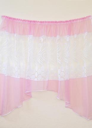 Готовая розовая короткая тюль занавеска аркой для кухни, веранды, гостинной, коридора или спальни