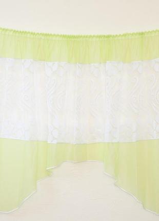 Готовий тюль в кухню аркою білий з салатовим 3*1.6м шифон та органза