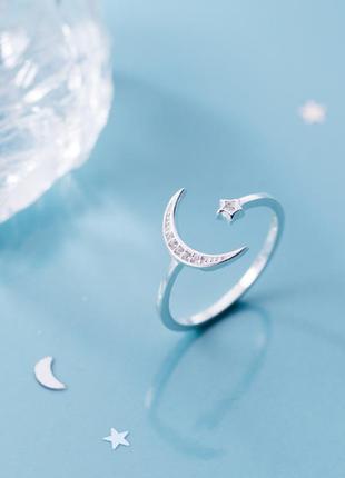 Каблучка срібна зірка + місяць з камінням, колечко регульований розмір 15-17,5, срібло 925 проби