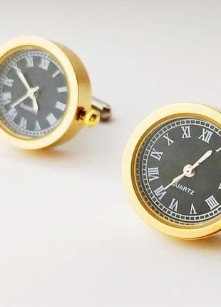 Запонки часы цыферблат запанки золотые черный римский1 фото