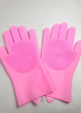 Многофункциональные силиконовые перчатки-щетки для мытья посуды (синие, розовые)5 фото