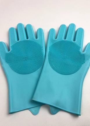 Багатофункціональні силіконові рукавички-щітки для миття посуду (сині, рожеві)1 фото