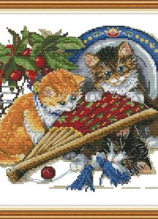 Набір для вишивання з нанесеним на канву схемою "cat and fan".aida 14ct printed , 34*29 см