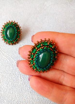 Жіночі сережки зелені з чеського бісеру камінь - агат5 фото