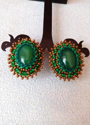 Жіночі сережки зелені з чеського бісеру камінь - агат1 фото