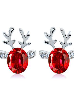 Сережки/сережки-гвоздики зимові новорічні олені «red diamond» (червоний)1 фото