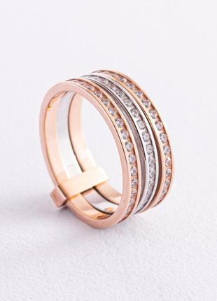 Золотое тройное кольцо с фианитами к026433 фото