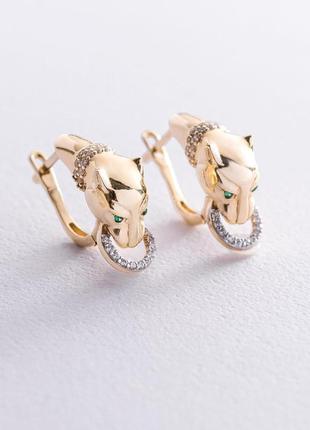 Золотые серьги "пантера" с фианитами с05915