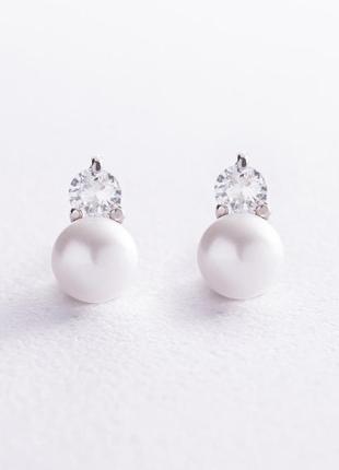Серьги - пусеты с жемчугом и фианитами (белое 
золото) с07999