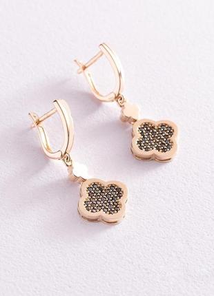 Серьги "клевер" в желтом золоте (фианиты) 
с07777