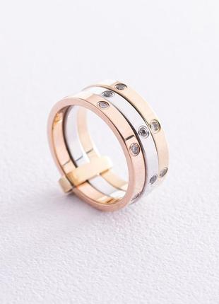 Тройное женское кольцо из белого, красного 
и желтого золота с фианитами к02205