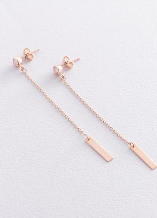 Золотые серьги - пусеты на цепочке (фианиты) 
с07249