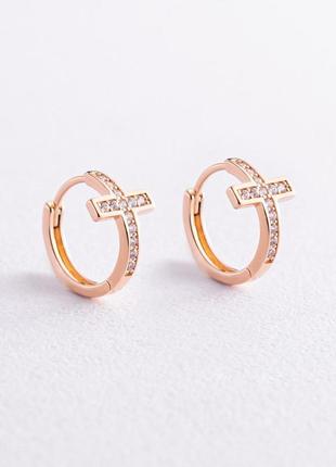 Золотые серьги - кольца "крестики" с фианитами 
с07959