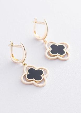 Серьги "клевер" в желтом золоте (эмаль) с06810