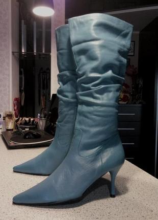 Синие кожаные сапоги на шпильке, 26 см по стельке4 фото