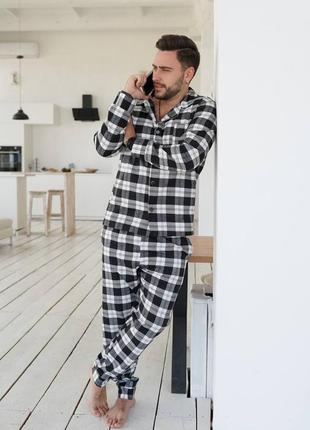 Мужская фланелевая пижама классическая унисекс рубашка и брюки, мужски пижамы домашние стильные1 фото