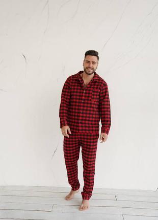 Пижама мужская красная в клетку рубашка на пуговице и штаны, комплект для дома и сна пижамы унисекс2 фото