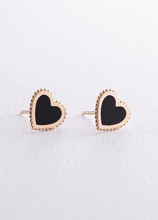 Серьги - пусеты "сердечки" в желтом золоте 
(эмаль) с08068