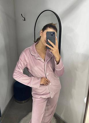 Ніжна плюшева піжама рубашка та штани, піжамка сорочка з довгим рукавом та штани плюш велюр