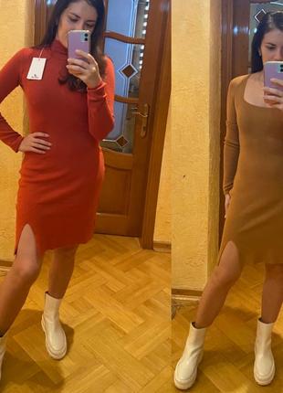 Lefon  сукня плаття з розоізом  в кольорі кемел с/м  л/хл