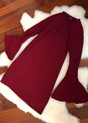 Платье в рубчик с широкими рукавами , платье трапеция