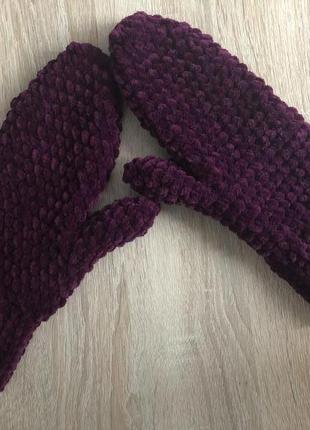Варежки рукавицы вязаные ручная работа фиолетовые велюр новые handmade теплые зима2 фото