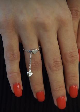 Каблучка серце, каблучка з підвіскою, кільце серце, каблучка ланцюжок покриття срібло 925