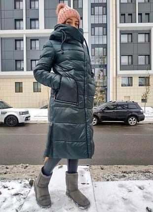 Теплий зимний пуховик пальто пуховое длинное куртка удлиненная биопух с капюшоном миди3 фото