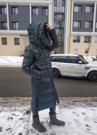 Теплий зимний пуховик пальто пуховое длинное куртка удлиненная биопух с капюшоном миди6 фото