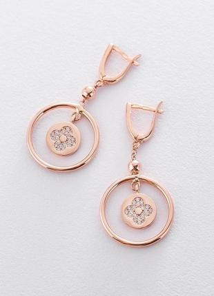 Золотые серьги "клевер" с фианитами с06365